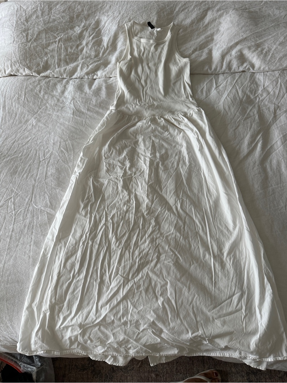 H&M White Ribbed Dress With Poplin Skirt